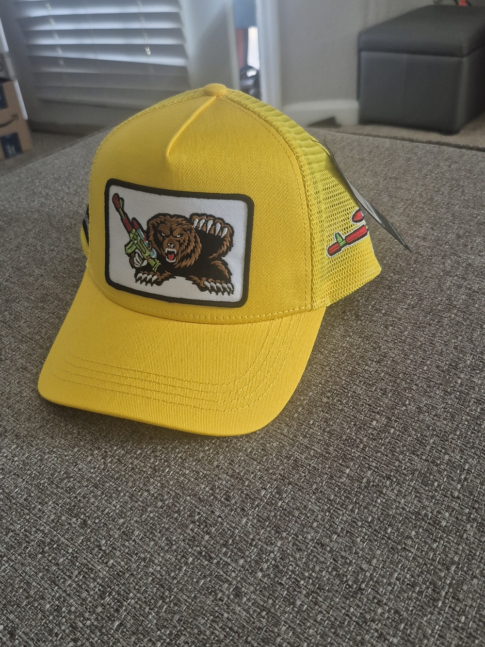Guard The Hood Yellow Mens Trucker Cap with Grizzley Patch